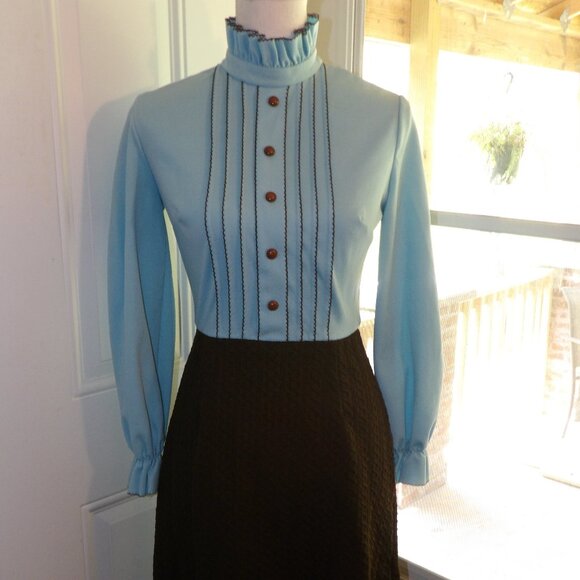 Women's Blue and Brown Ruffled Bodice Polyester Dress Momentum Small 1970s - Picture 4 of 7